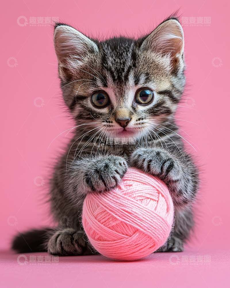 高清大图下载【趣麦麦图】小猫玩粉色毛线球