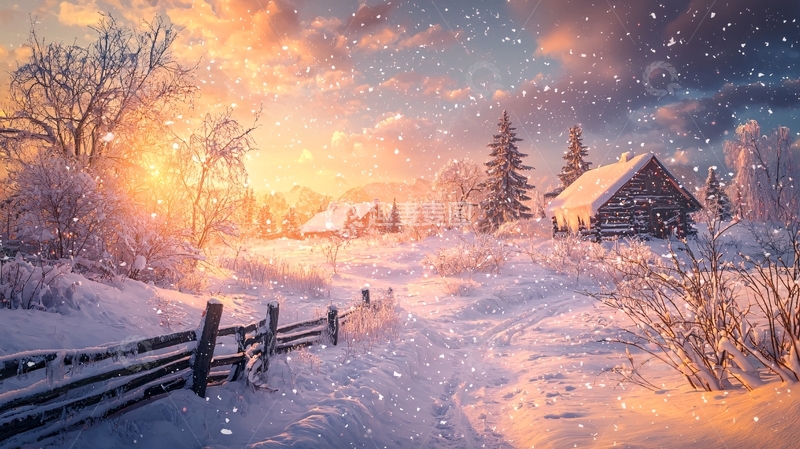 高清大图下载【趣麦麦图】冬季雪景村庄日出