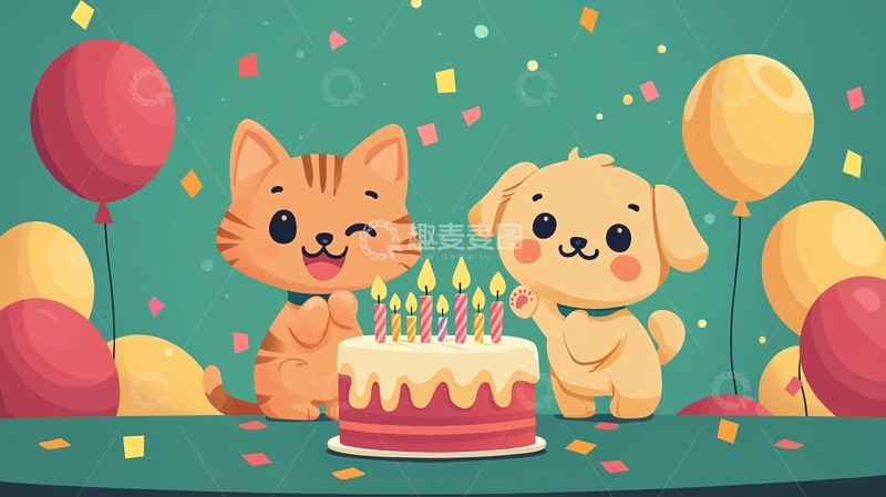 高清大图下载【趣麦麦图】卡通猫咪狗狗生日蛋糕