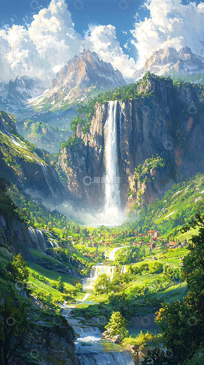 高清大图下载【趣麦麦图】高山瀑布风景画