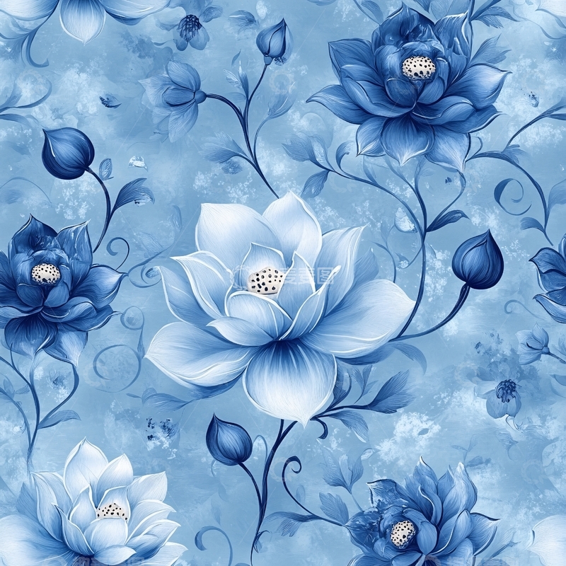 高清大图下载【趣麦麦图】蓝色花朵水彩风格背景图案
