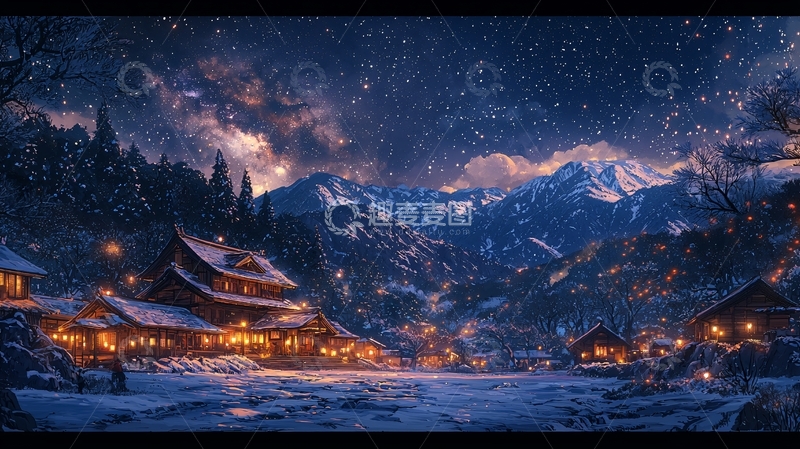 高清大图下载【趣麦麦图】冬夜雪景村庄
