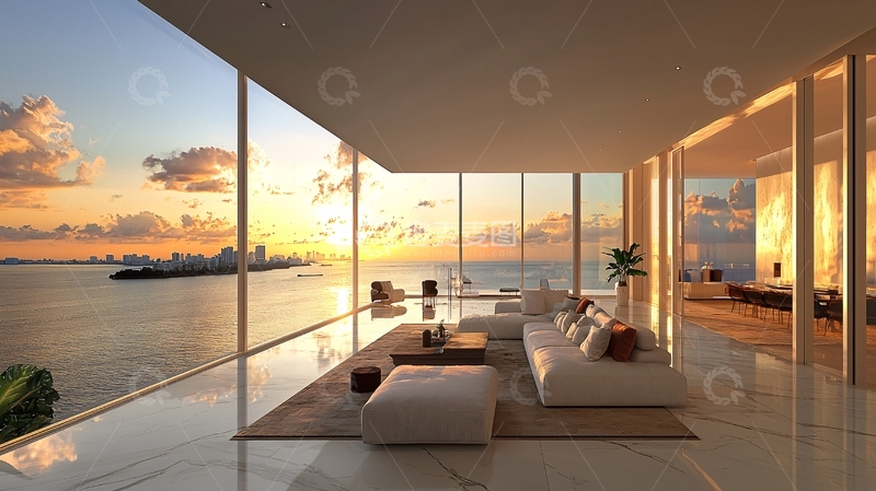 高清大图下载【趣麦麦图】海景豪宅客厅日落景色