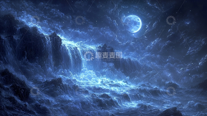 高清大图下载【趣麦麦图】梦幻蓝色瀑布星空