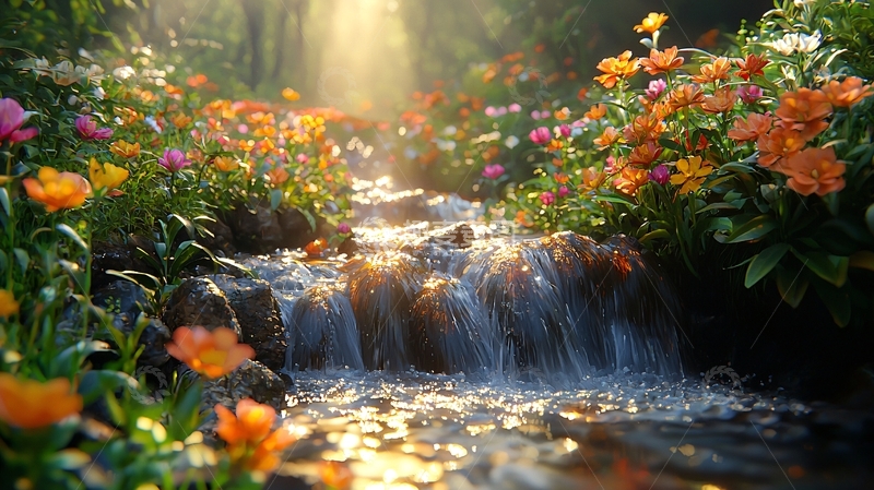 高清大图下载【趣麦麦图】阳光洒在花丛溪流