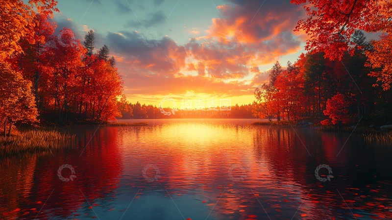 高清大图下载【趣麦麦图】秋日湖景夕阳