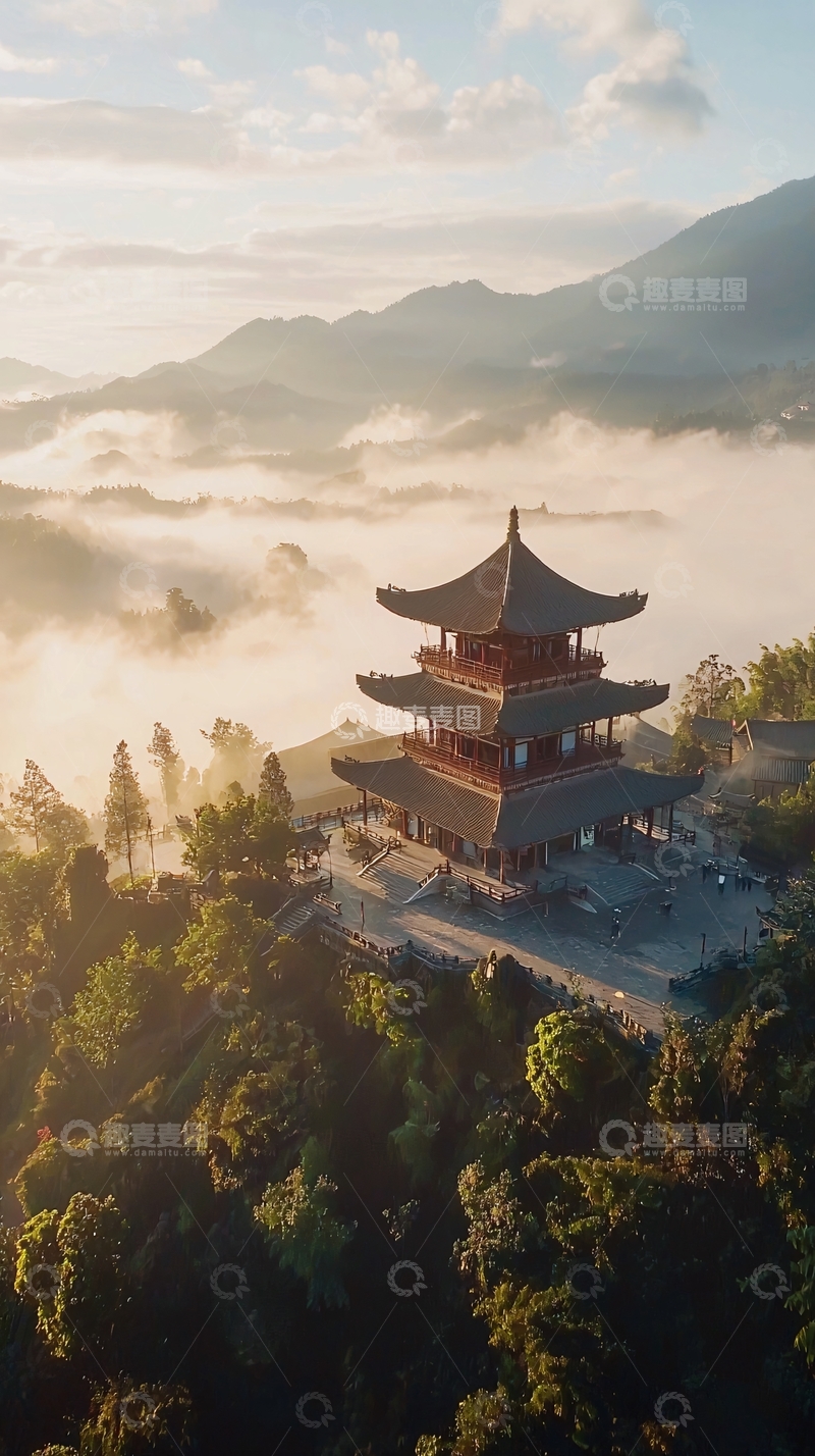 高清大图下载【趣麦麦图】仙境般雾气缭绕的中国古塔