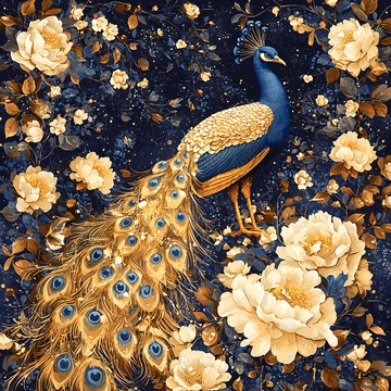 蓝金孔雀花卉图