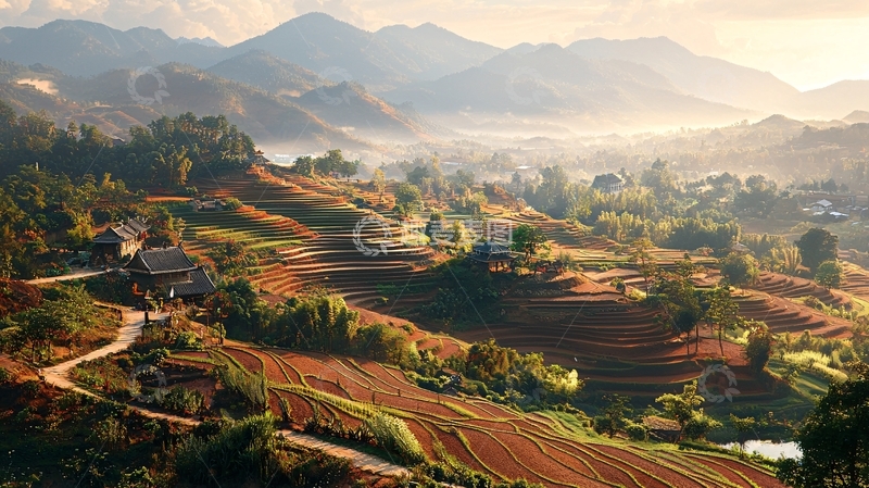 高清大图下载【趣麦麦图】日出山峦梯田村庄