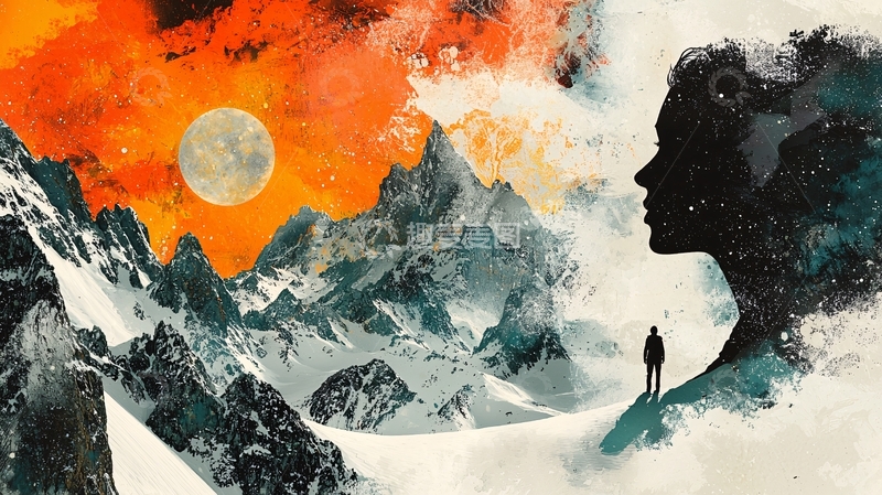 高清大图下载【趣麦麦图】雪山日落剪影女子