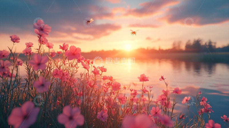 高清大图下载【趣麦麦图】粉红花海日落湖景