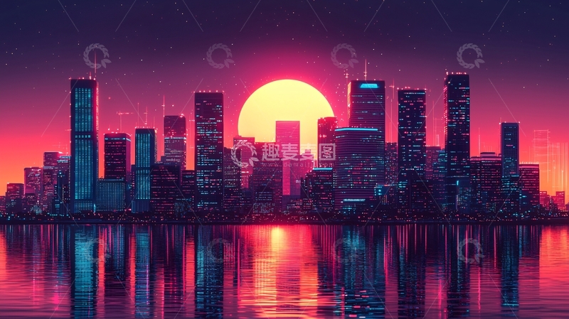 高清大图下载【趣麦麦图】日落城市剪影