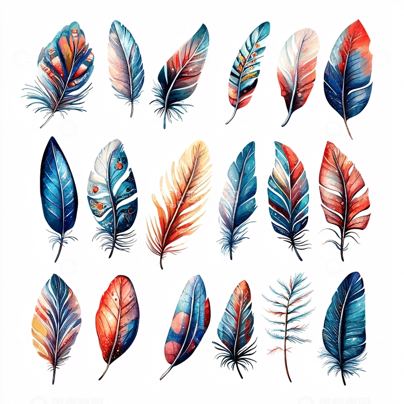 高清大图下载【趣麦麦图】水彩手绘彩色羽毛素材