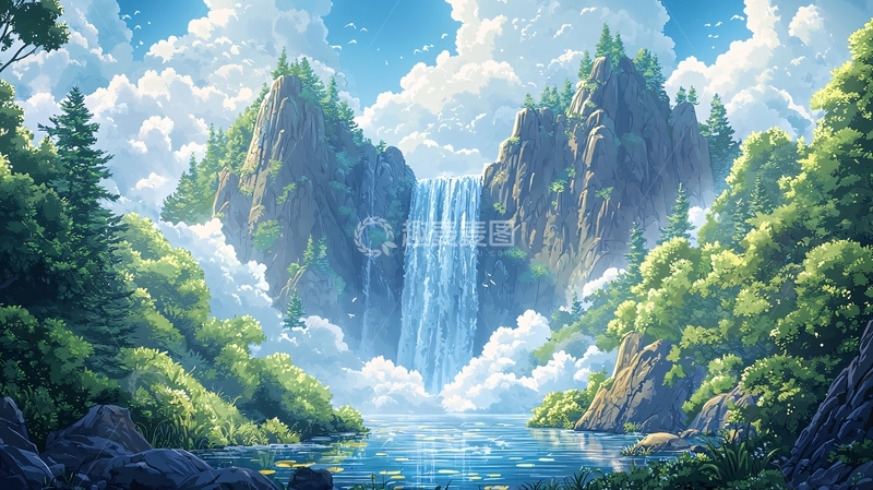 高清大图下载【趣麦麦图】云雾缭绕的瀑布仙境