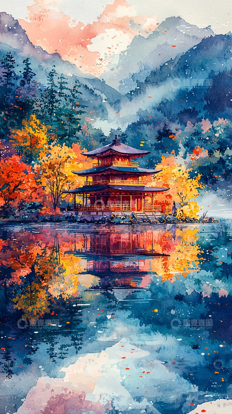 高清大图下载【趣麦麦图】秋日山间寺庙倒影