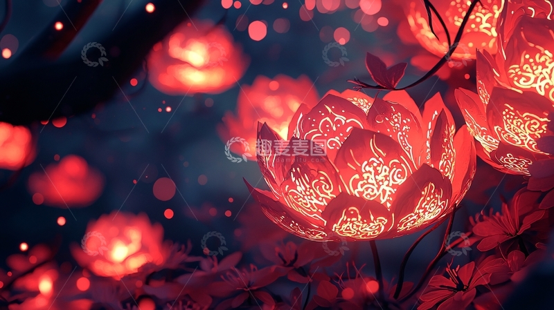 高清大图下载【趣麦麦图】夜空中绽放的红色莲花灯笼