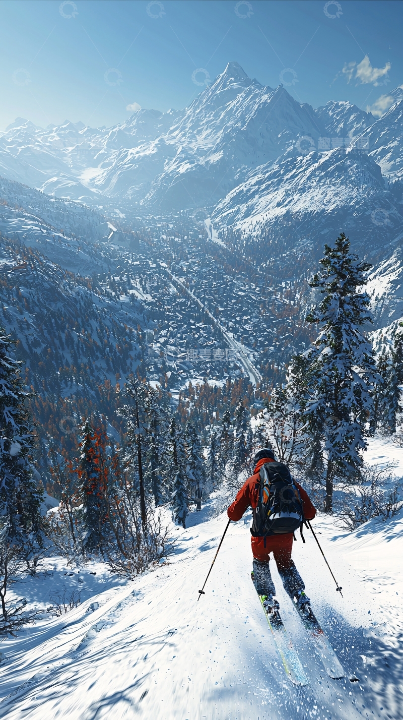 高清大图下载【趣麦麦图】雪山滑雪者俯瞰小镇