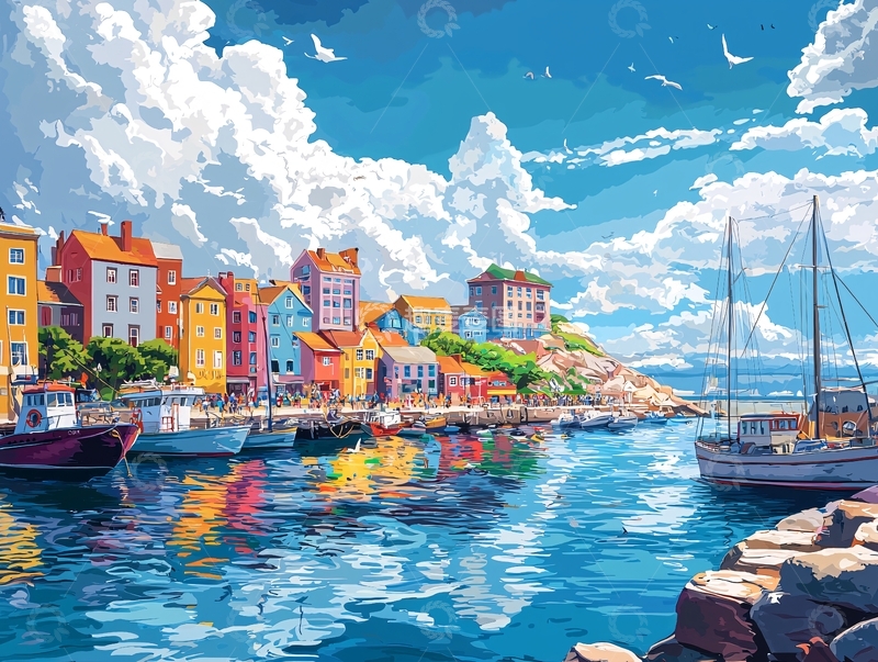 高清大图下载【趣麦麦图】彩色小镇海港风景