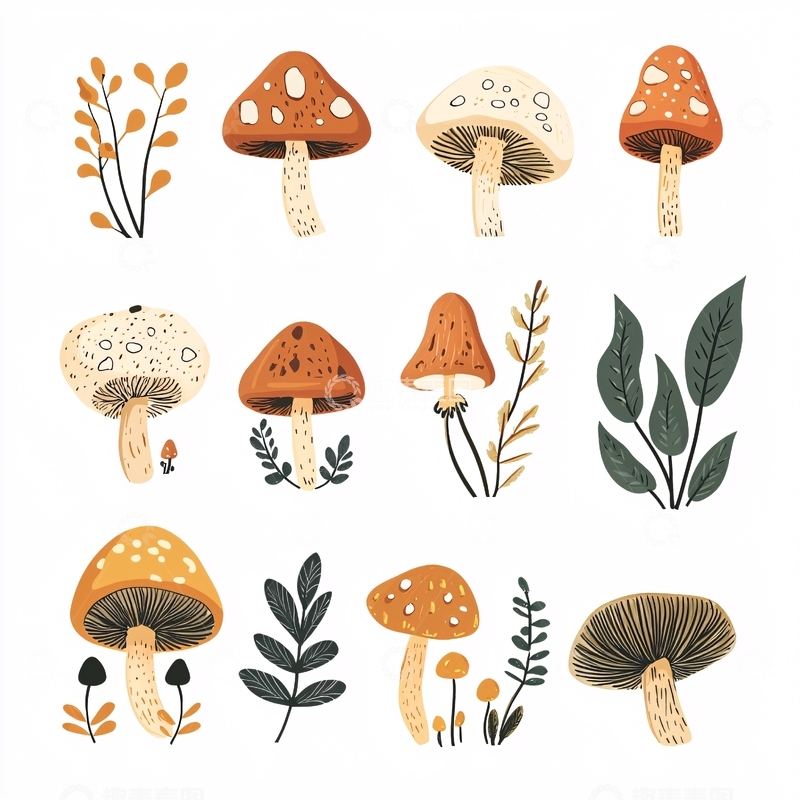 高清大图下载【趣麦麦图】手绘秋季蘑菇植物素材