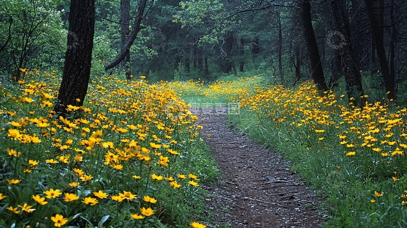 高清大图下载【趣麦麦图】森林小路与黄色野花