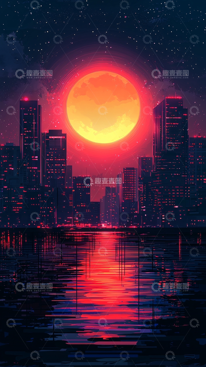 高清大图下载【趣麦麦图】红月下的城市夜景
