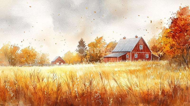 高清大图下载【趣麦麦图】秋日农场风景水彩画