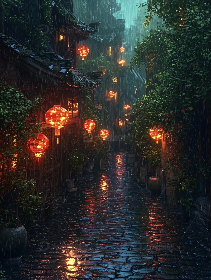 高清大图下载【趣麦麦图】雨夜下的古镇红灯笼
