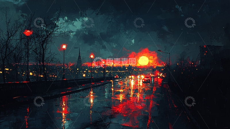 高清大图下载【趣麦麦图】暗夜城市雨景