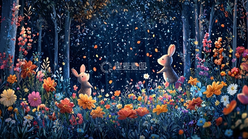 高清大图下载【趣麦麦图】童话风兔子鲜花盛开