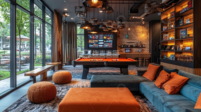 高清大图下载【趣麦麦图】现代休闲客厅带台球桌