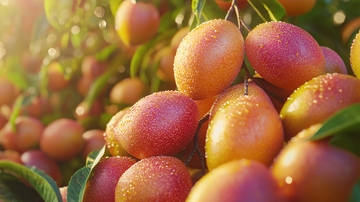 阳光下枝头累累的芒果