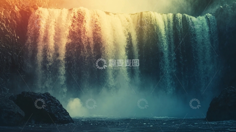 高清大图下载【趣麦麦图】壮丽瀑布日落景色