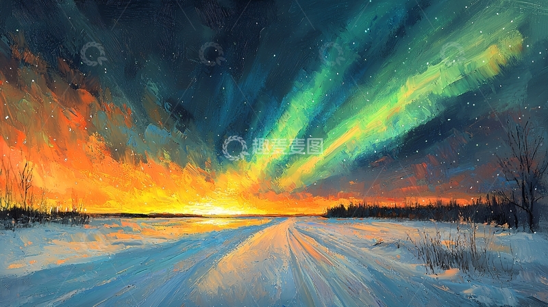 高清大图下载【趣麦麦图】极光下的雪地公路