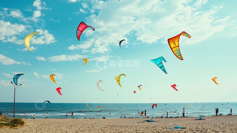 高清大图下载【趣麦麦图】沙滩风筝冲浪运动