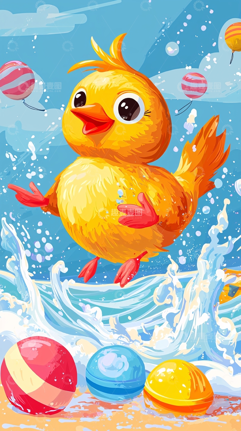 高清大图下载【趣麦麦图】可爱小鸡海边玩耍