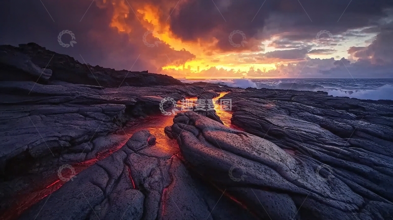 高清大图下载【趣麦麦图】火山熔岩海岸线日落