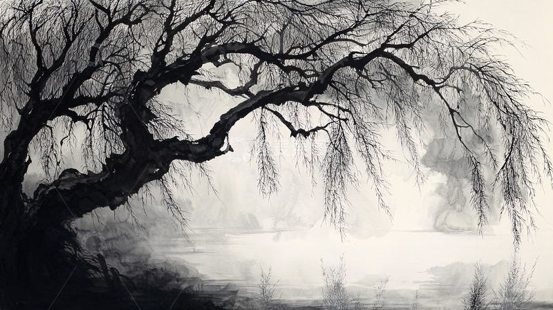 高清大图下载【趣麦麦图】雾中垂柳水墨画