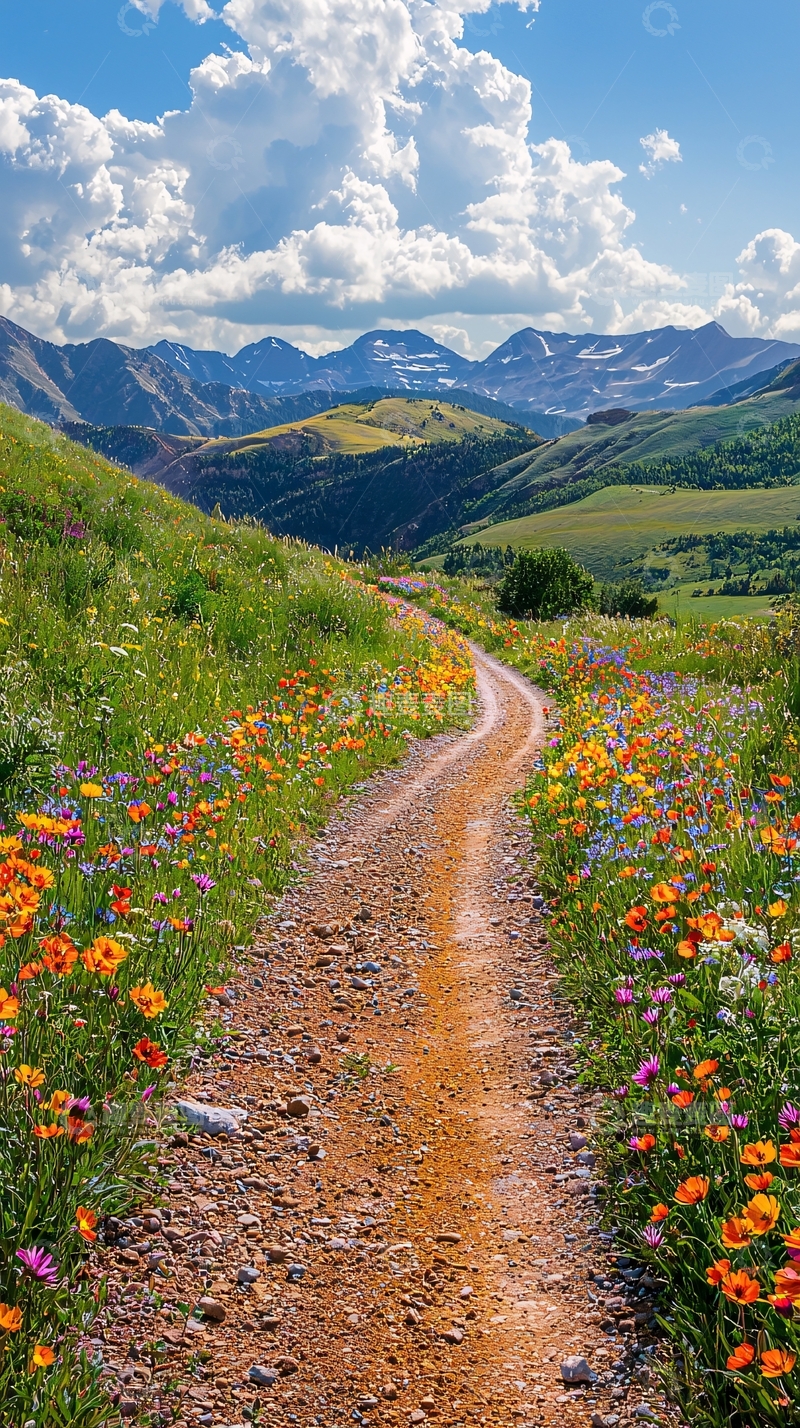 高清大图下载【趣麦麦图】蜿蜒小路鲜花盛开的山谷