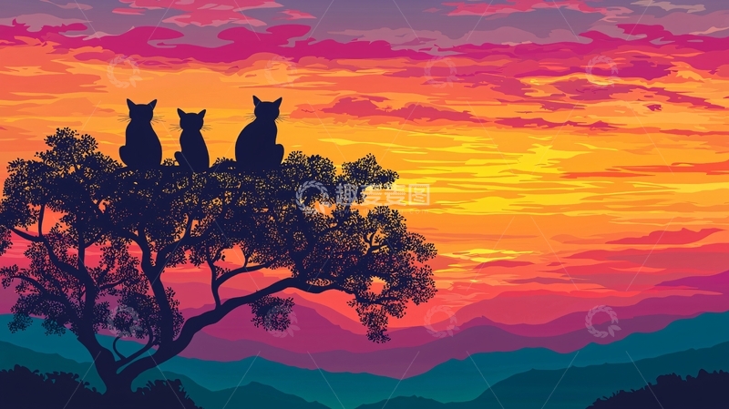 高清大图下载【趣麦麦图】三只猫在树上看日落