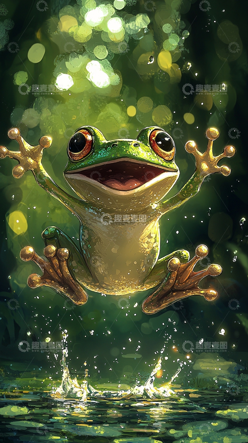 高清大图下载【趣麦麦图】快乐青蛙跳跃水面