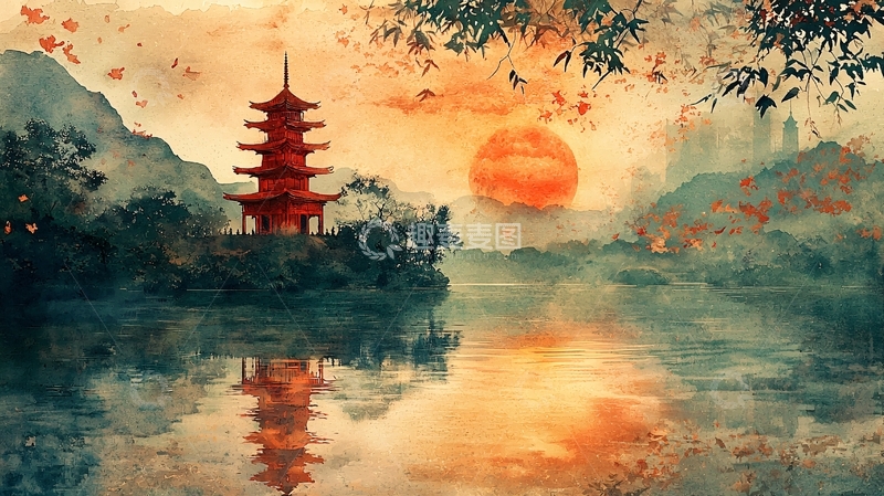 高清大图下载【趣麦麦图】水墨画风格的夕阳下宝塔