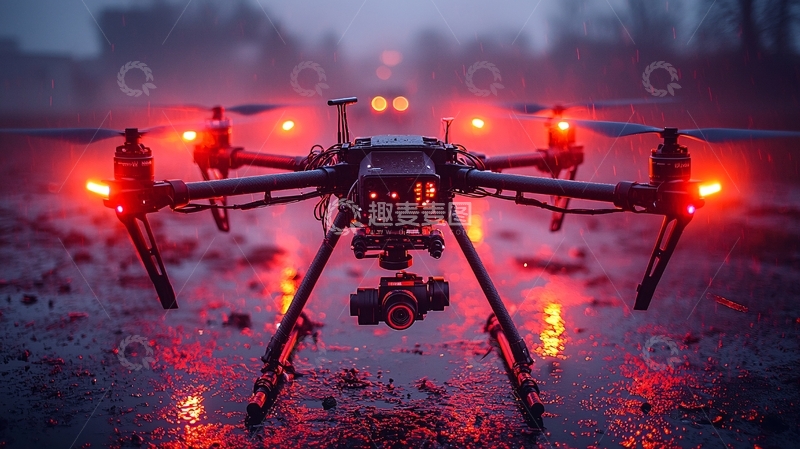 高清大图下载【趣麦麦图】雾中红色警示灯无人机