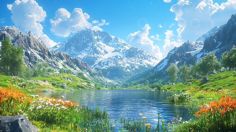 高清大图下载【趣麦麦图】阳光明媚的雪山湖泊景色