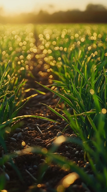 夕阳下田埂上的嫩绿青草