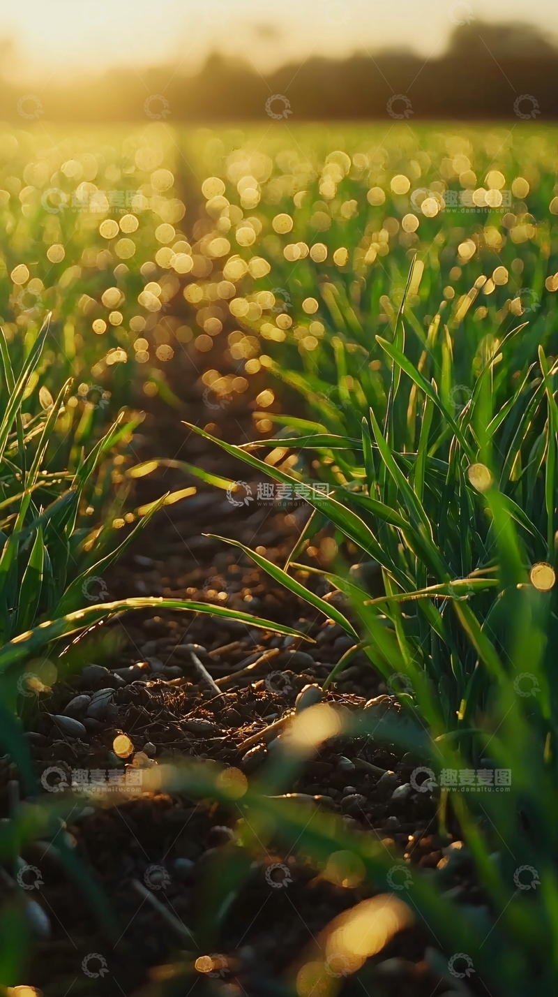 高清大图下载【趣麦麦图】夕阳下田埂上的嫩绿青草