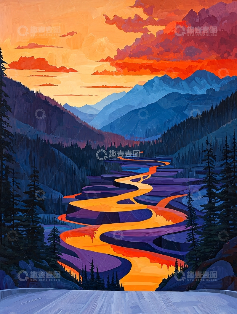 高清大图下载【趣麦麦图】夕阳西下山河壮丽