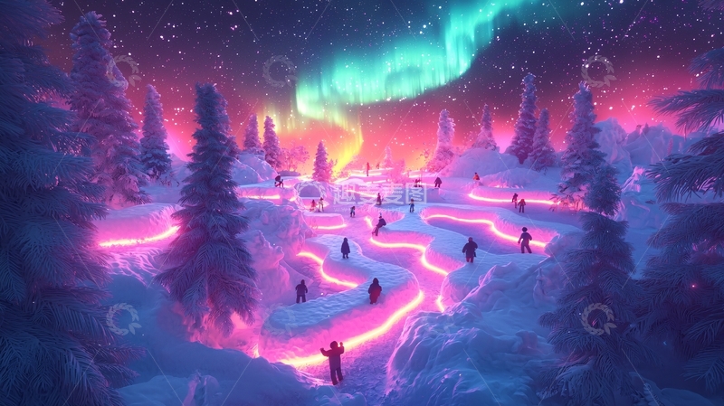 高清大图下载【趣麦麦图】极光下的梦幻冰雪迷宫
