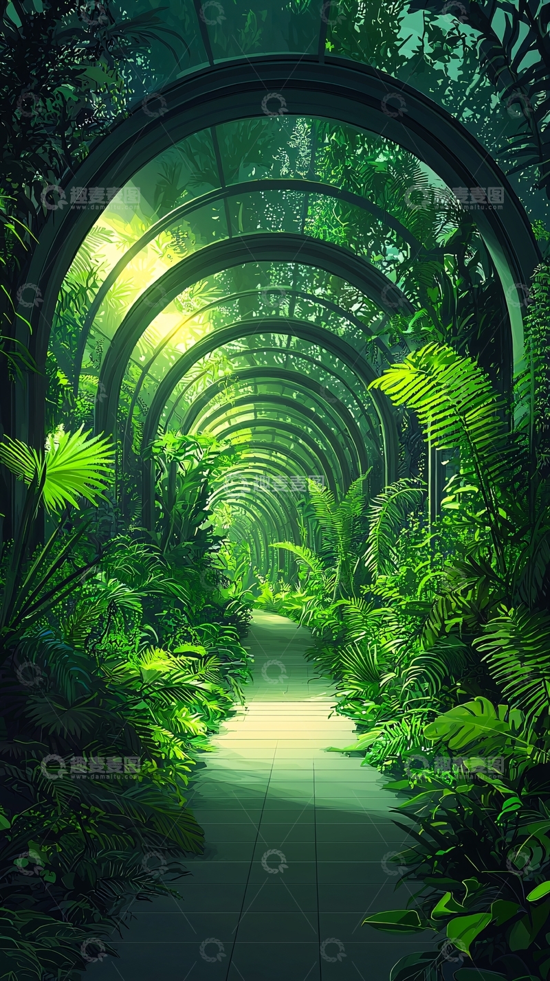高清大图下载【趣麦麦图】绿色植物环绕的拱形长廊