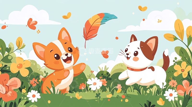 高清大图下载【趣麦麦图】可爱卡通小狗小猫玩耍