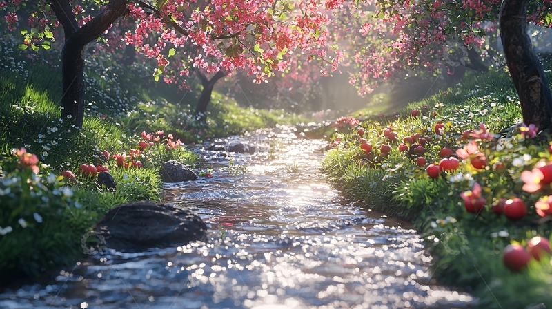 高清大图下载【趣麦麦图】粉色花树下的溪流